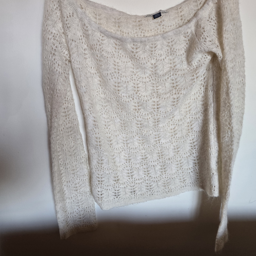 American Eagle Outfitters Cream Open-Knit Off-the-Shoulder Sweater